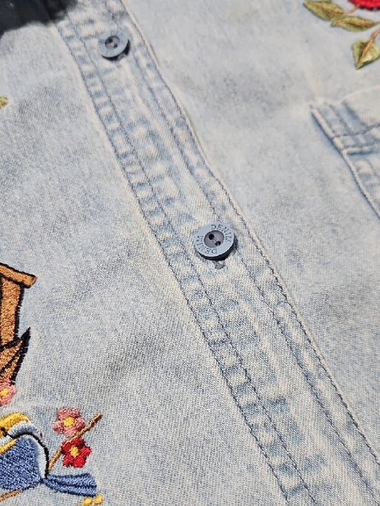 Vintage Light Wash Denim Button-Down Shirt with Cardinal Embroidery, Size Large - Picture 7 of 13